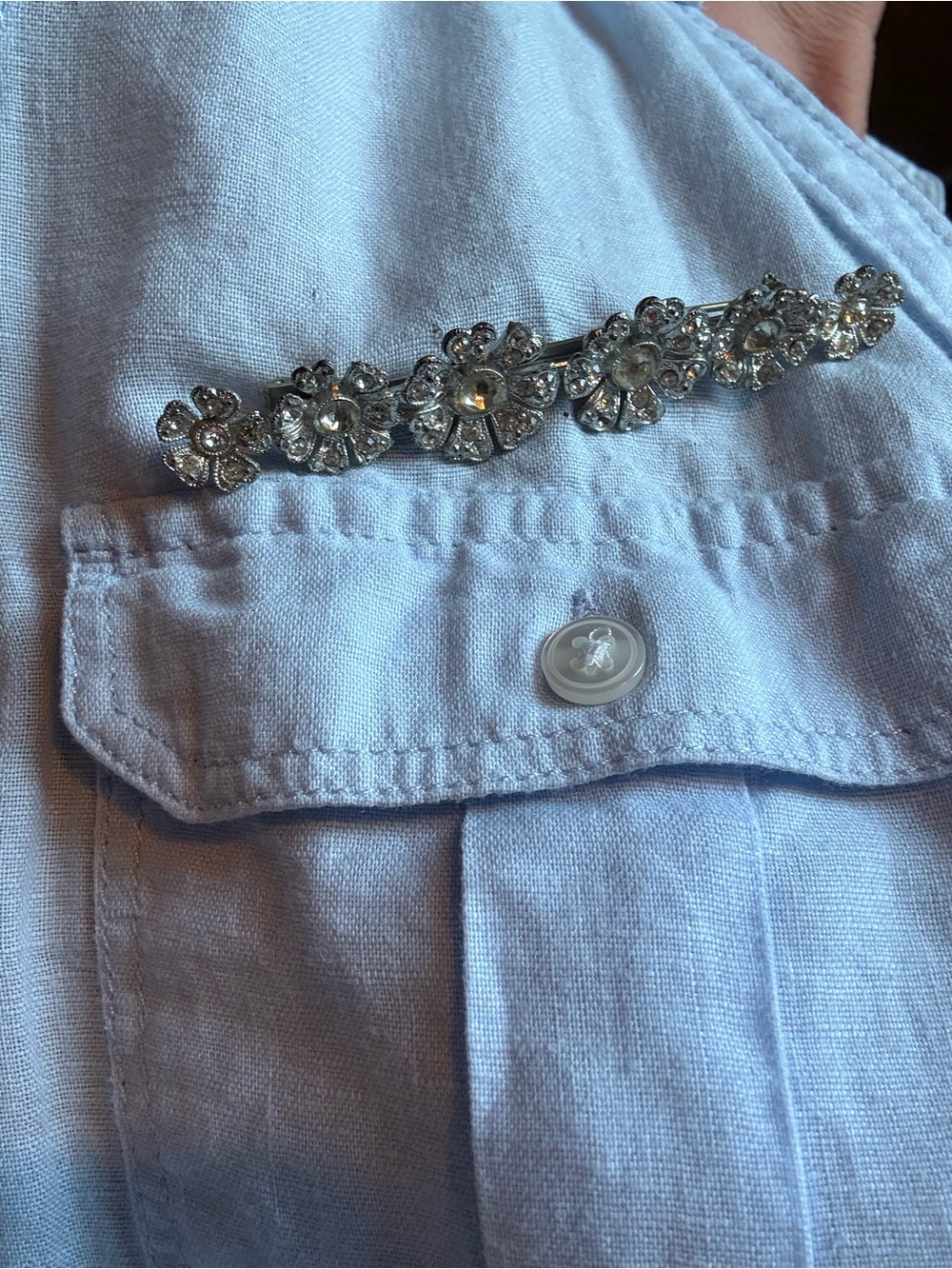 Vintage 1940s 50s Rhinestone Floral Bar Brooch 3.5” Silver Tone